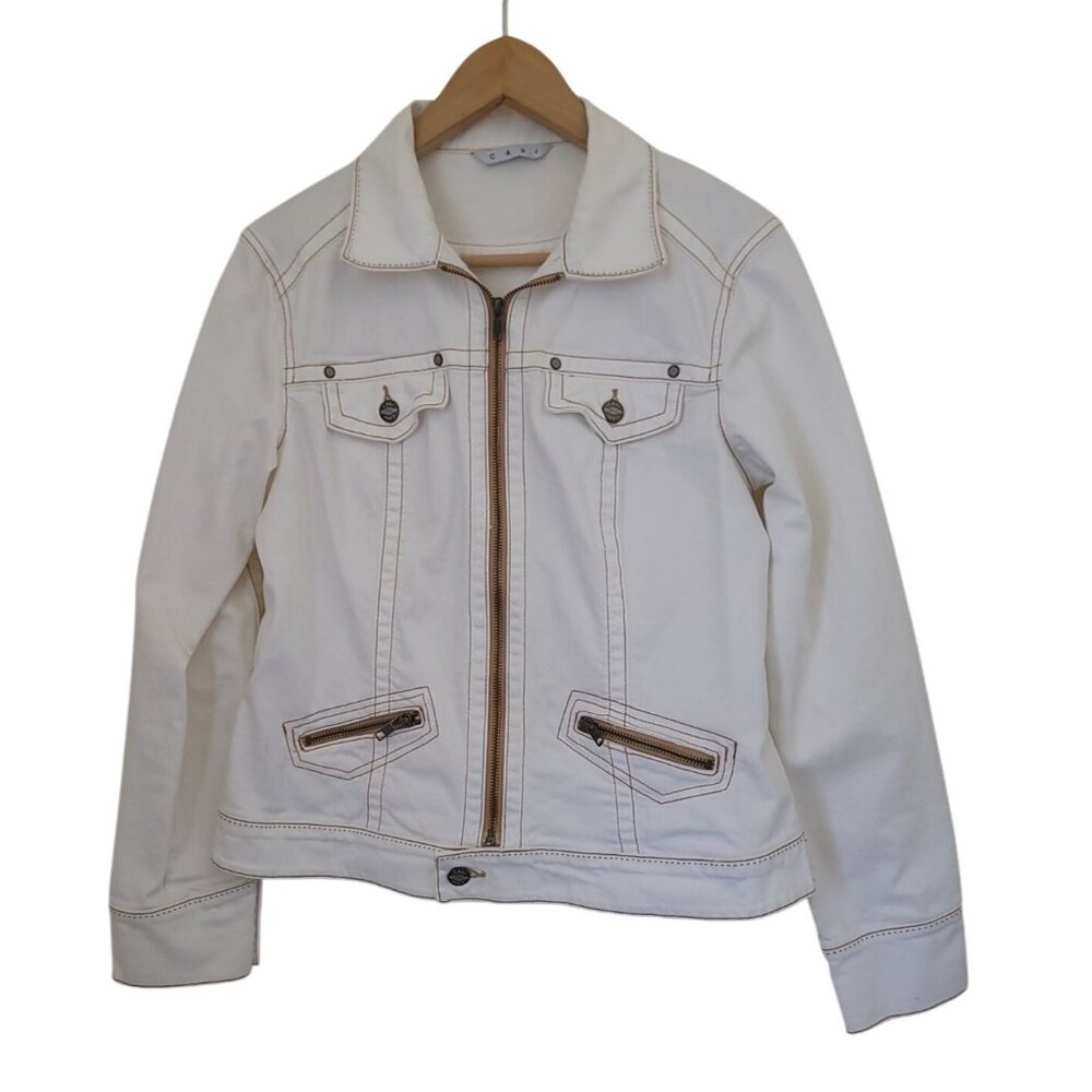 CAbi White Denim Jacket With Button Accents & Zippered Pockets Women's Size M